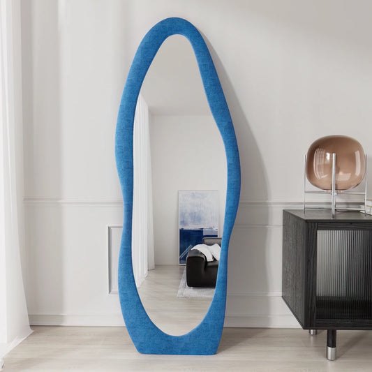 Irregular Full Length Mirror, Floor Mirror Hanging & Leaning, 63"X24" Wavy Wall Mirror (Blue)