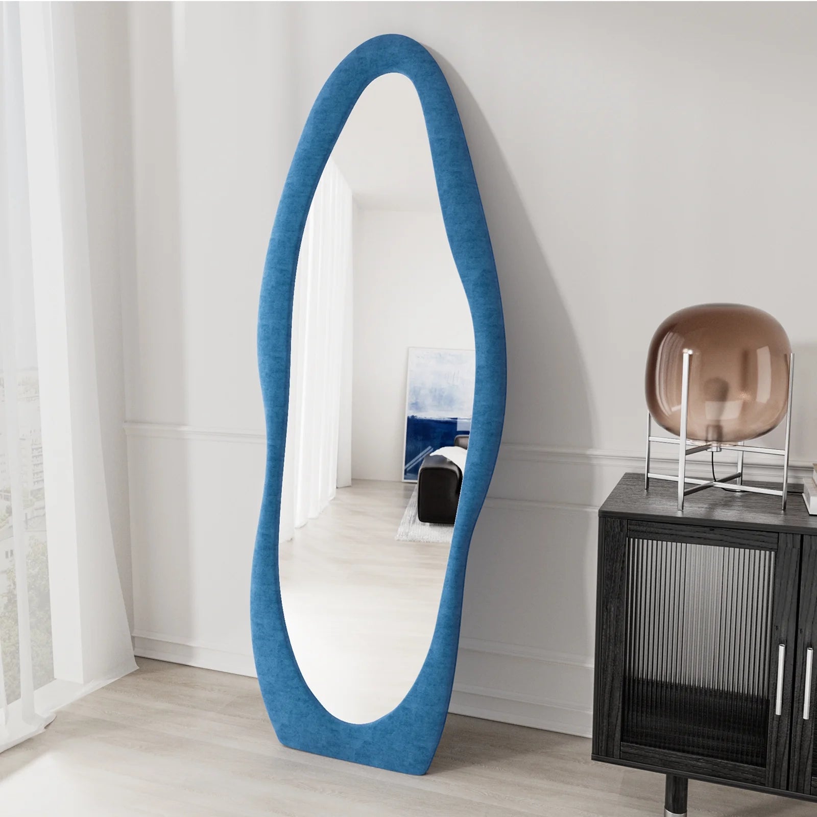 Irregular Full Length Mirror, Floor Mirror Hanging & Leaning, 63"X24" Wavy Wall Mirror (Blue)